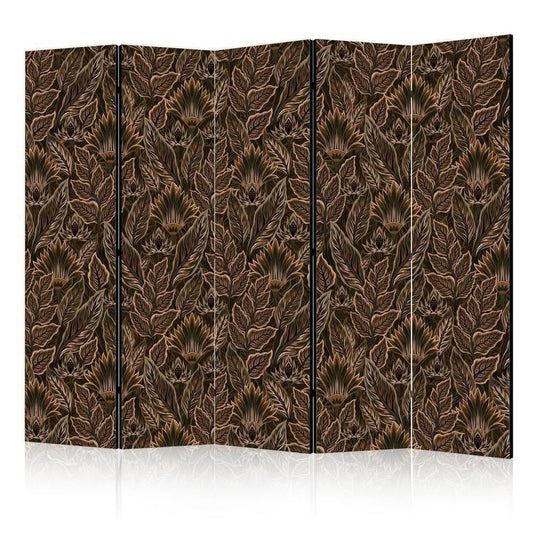 Room Divider - Dense Vegetation - Botanical Patterns in Illustrative Style Brown- A 5 Panel Folding Screen For Living rooms, bedrooms or home office, decorative folding screen made with wood and canvas