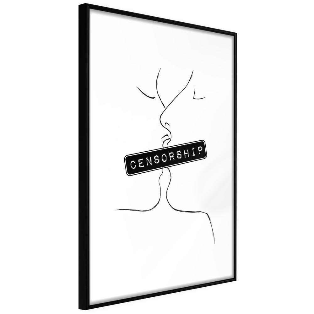 Black and White Framed Poster - Forbidden Kiss-artwork for wall with acrylic glass protection