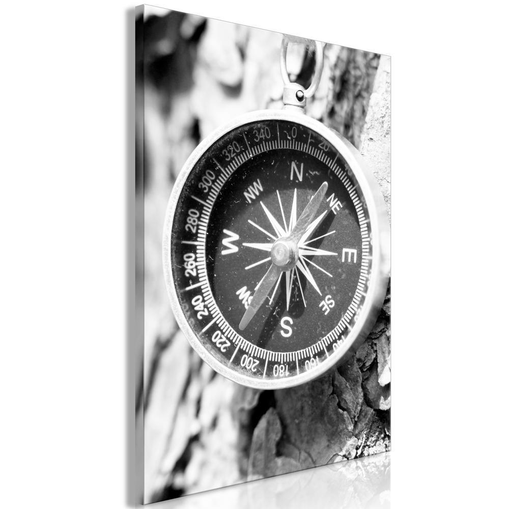 Canvas Print - Direction of the Road (1-part) - Black and White Compass on Tree Background-ArtfulPrivacy-Wall Art Collection