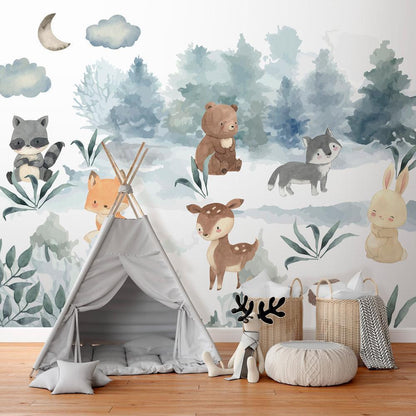 Wall Mural - Forest Games - Animals in a Forest Painted in Watercolours-Wall Murals-ArtfulPrivacy