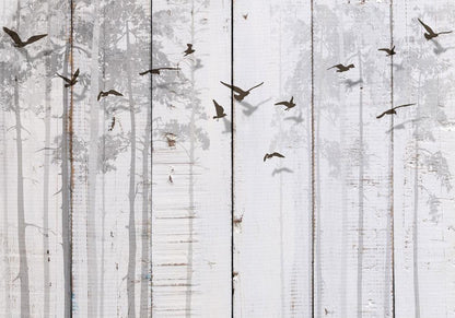 Wall Mural - Minimalist motif - black birds on a white background with wood texture-Wall Murals-ArtfulPrivacy