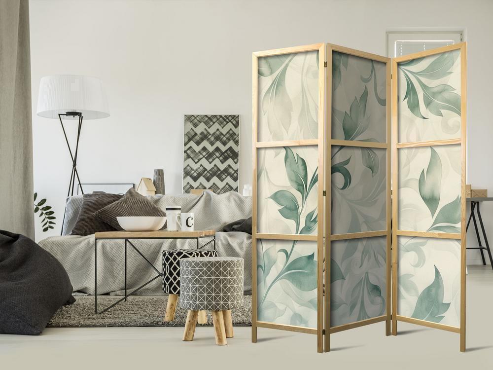 Japanese Room Divider - Watercolor Botanical Motif - Delicate Green-Beige Leaves