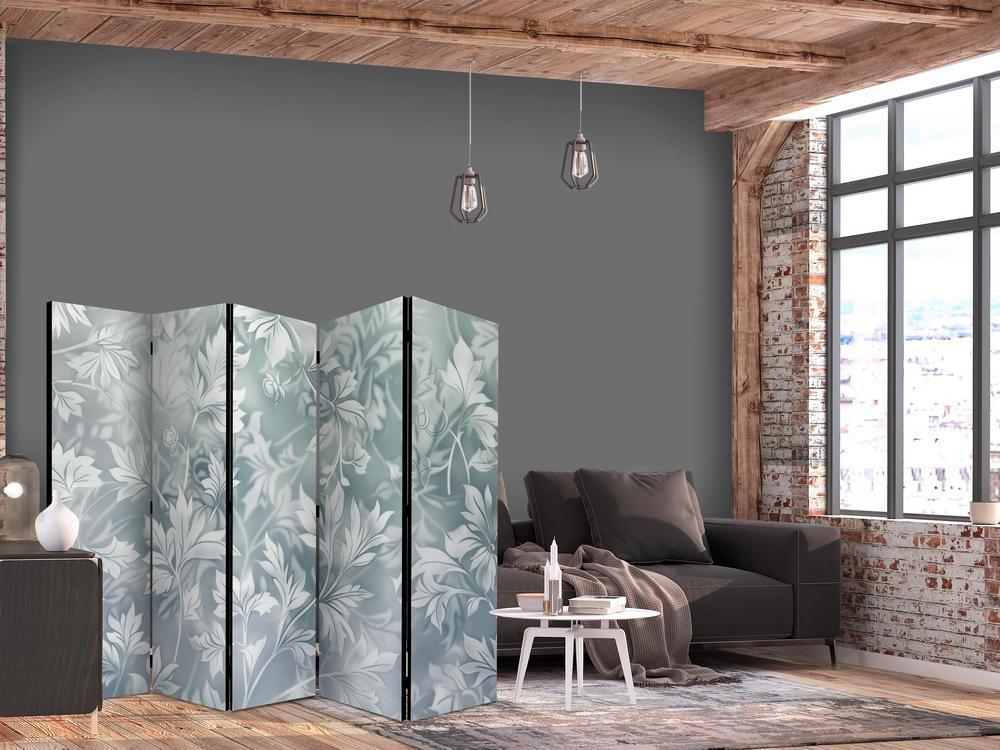 Room Divider - Ornaments in Rubbed Faded Turquoise - Delicate Floral Pattern- A 5 Panel Folding Screen For Living rooms, bedrooms or home office, decorative folding screen made with wood and canvas