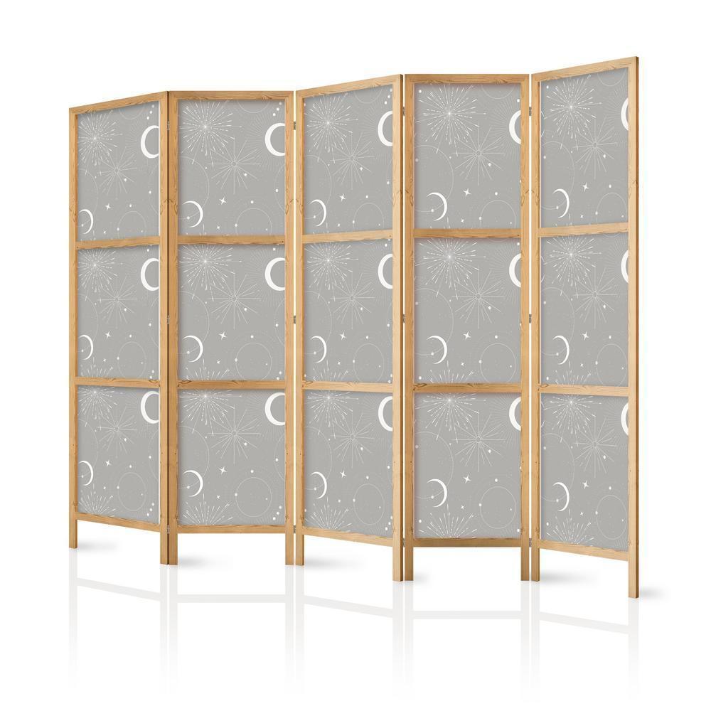 Japanese Room Divider - Cosmic Fireworks - Elegant Pattern with Moons and Stars on a Gray Background