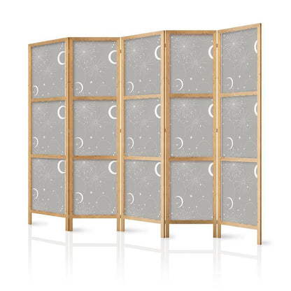 Japanese Room Divider - Cosmic Fireworks - Elegant Pattern with Moons and Stars on a Gray Background