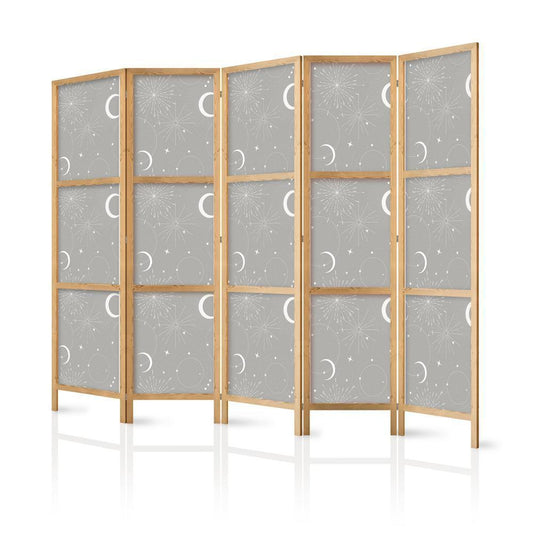 Japanese Room Divider - Cosmic Fireworks - Elegant Pattern with Moons and Stars on a Gray Background