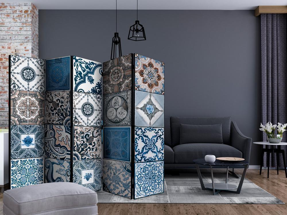 Room Divider - Blue Arabesque II- A 5 Panel Folding Screen For Living rooms, bedrooms or home office, decorative folding screen made with wood and canvas