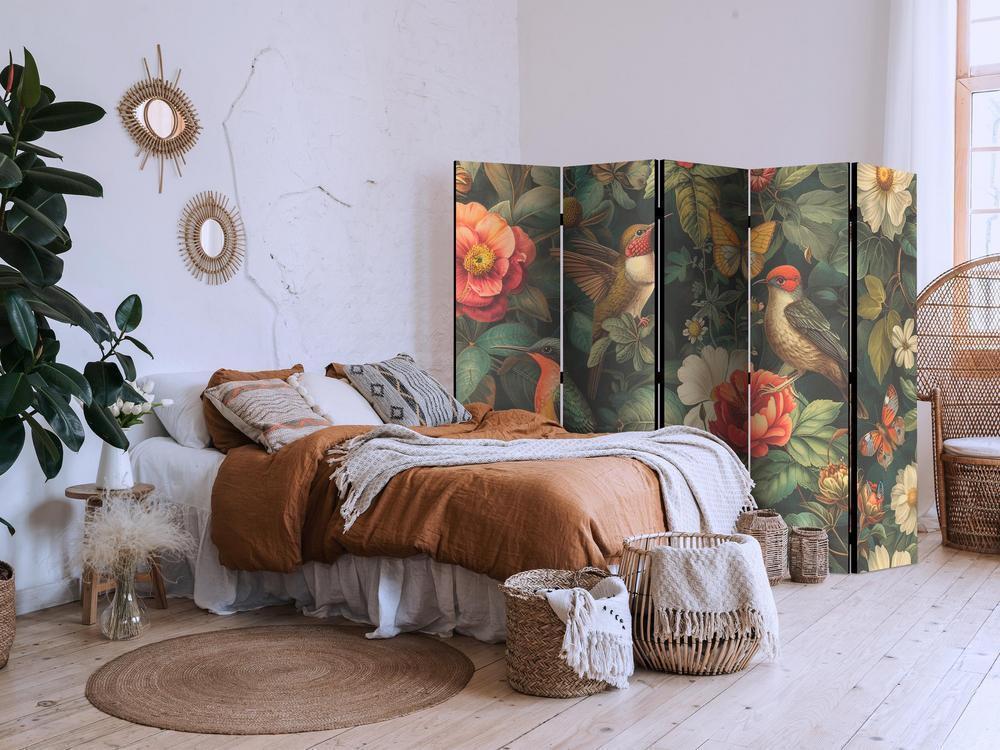 Room Divider - In the Botanical Garden - Flowers Birds and Butterflies - Colorful Illustration- A 5 Panel Folding Screen For Living rooms, bedrooms or home office, decorative folding screen made with wood and canvas