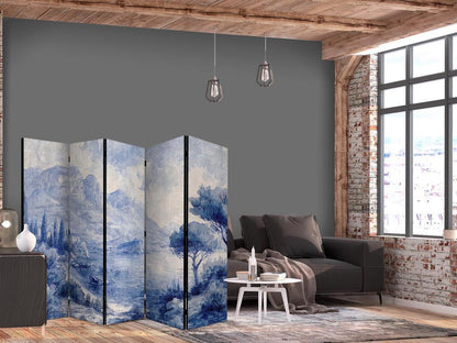 Room Divider - Italian Landscape - Lake Como Painted in Shades of Blue- A 5 Panel Folding Screen For Living rooms, bedrooms or home office, decorative folding screen made with wood and canvas