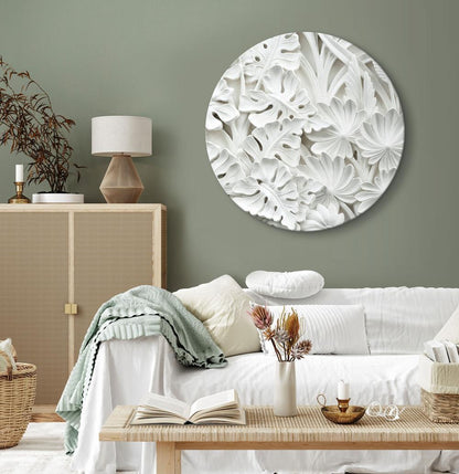 Circle shape wall decoration with printed design - Round Canvas Print - Carved Nature - Pattern With White Leaves Made of Stone - ArtfulPrivacy