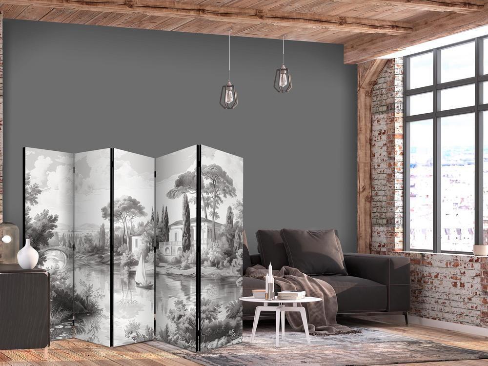 Room Divider - Black and White Vintage Landscape - Retro View of a Pond with a Boat- A 5 Panel Folding Screen For Living rooms, bedrooms or home office, decorative folding screen made with wood and canvas