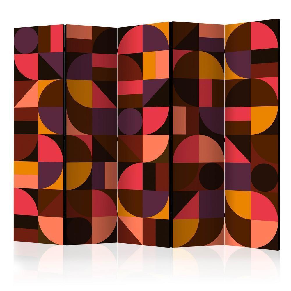 Room Divider - Geometric Mosaic (Red) II- A 5 Panel Folding Screen For Living rooms, bedrooms or home office, decorative folding screen made with wood and canvas