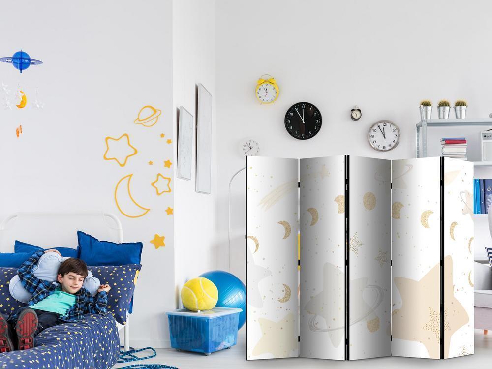 Room Divider - Fairy-Tale Galaxy - Moon Phases in Shades of Yellow Among Stars in Beige and Ash Colors with Stardust- A 5 Panel Folding Screen For Living rooms, bedrooms or home office, decorative folding screen made with wood and canvas