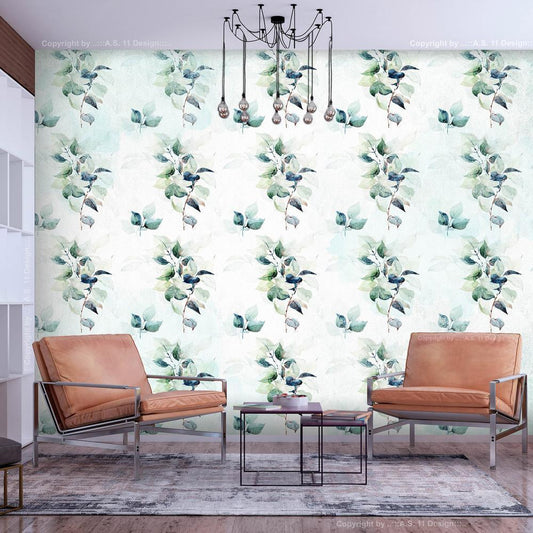 Wall Mural - Mint nature - uniform pattern in floral motif with green leaves-Wall Murals-ArtfulPrivacy