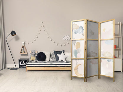 Japanese Room Divider - Fairy-Tale Moon - Moon with Balloons Among Clouds and Stars in Subdued Colors on a Light Beige Background