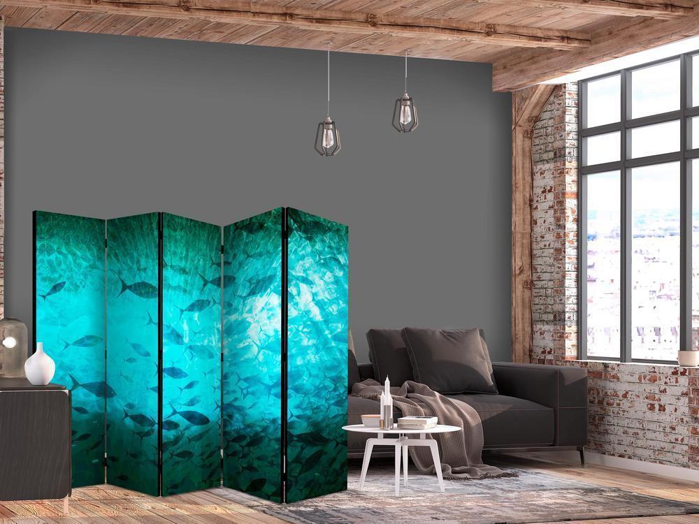 Room Divider - Underwater Paradise - Numerous Shoal of Fish in a Beautiful Turquoise-Blue Depth Illuminated by Sunlight- A 5 Panel Folding Screen For Living rooms, bedrooms or home office, decorative folding screen made with wood and canvas