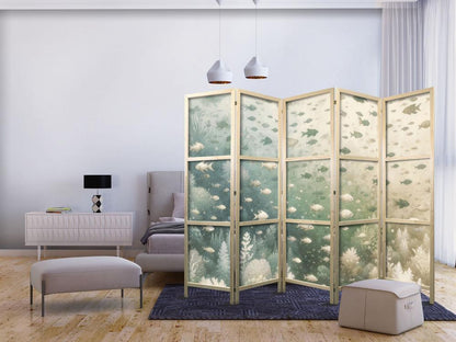 Japanese Room Divider - Fish and Diverse Vegetation - Grouping of Fish in Pastel Subdued Colors Among Oceanic Vegetation