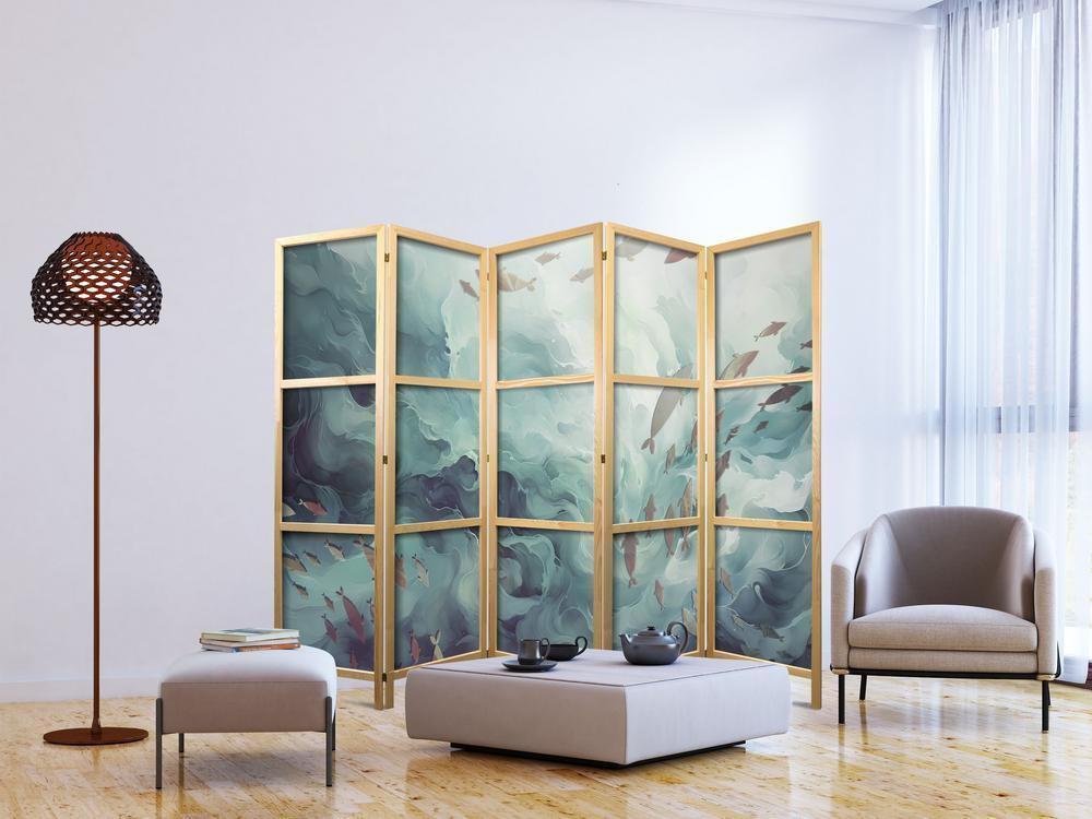 Japanese Room Divider - Three Schools of Fish - Fish in Muted Colors Swimming in Groups in Oceanic Depths