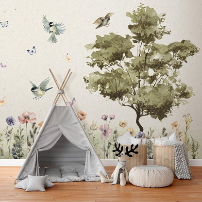Wall Mural - Spring Meadow - a Clearing With Flowers Painted in Watercolours-Wall Murals-ArtfulPrivacy