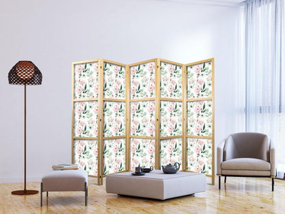 Japanese Room Divider - Peonies - Pink and White Flowers and Green Leaves on a White Background