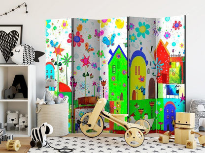 Room Divider - Happy farm II- A 5 Panel Folding Screen For Living rooms, bedrooms or home office, decorative folding screen made with wood and canvas