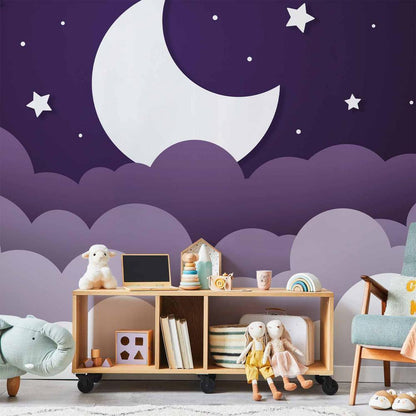 Papier peint - Rêve de lune - nuages ​​dans un ciel violet avec des étoiles pour les enfants