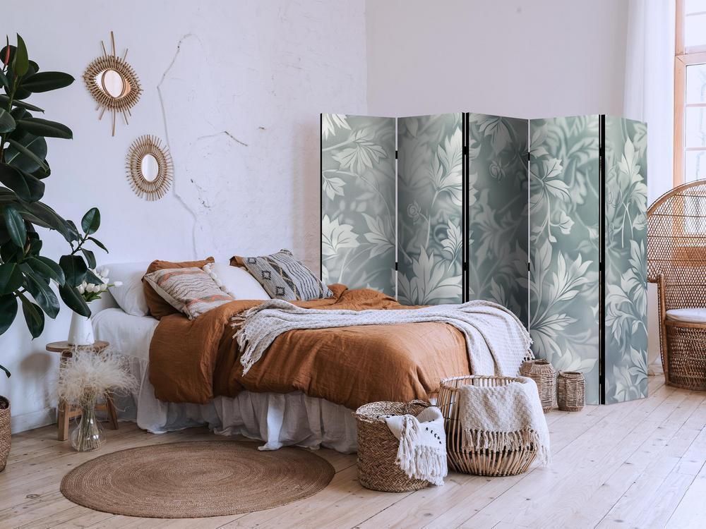 Room Divider - Ornaments in Rubbed Faded Turquoise - Delicate Floral Pattern- A 5 Panel Folding Screen For Living rooms, bedrooms or home office, decorative folding screen made with wood and canvas