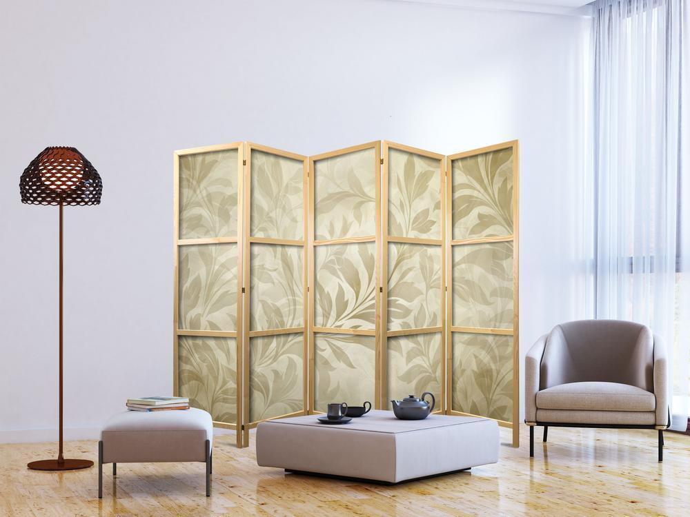 Japanese Room Divider - Botanical Motif with Leaves and Vines in Sandy Colors