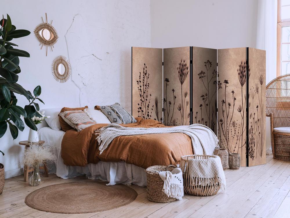 Room Divider - Plant Vintage - Delicate Field Flowers on a Background in Lime Wash Technique- A 5 Panel Folding Screen For Living rooms, bedrooms or home office, decorative folding screen made with wood and canvas