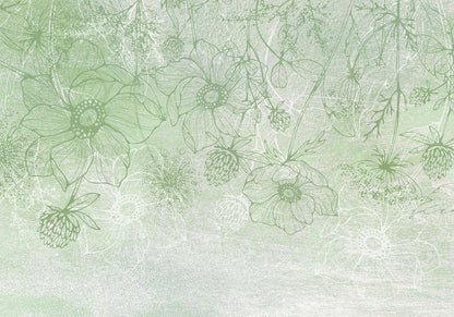 Wall Mural - Flowery meadow - nature with field flowers lineart on green background-Wall Murals-ArtfulPrivacy