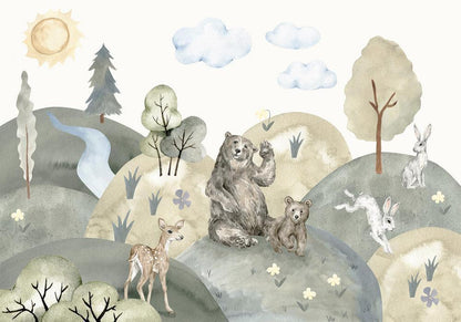 Wall Mural - Green Hills - a Valley With Animals Painted in Watercolours