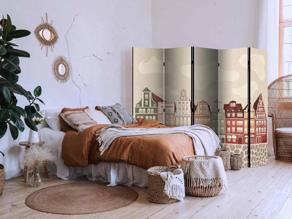 Room Divider - Salt Square - Colorful Illustrated Townhouses Against a Sky with Clouds Background- A 5 Panel Folding Screen For Living rooms, bedrooms or home office, decorative folding screen made with wood and canvas