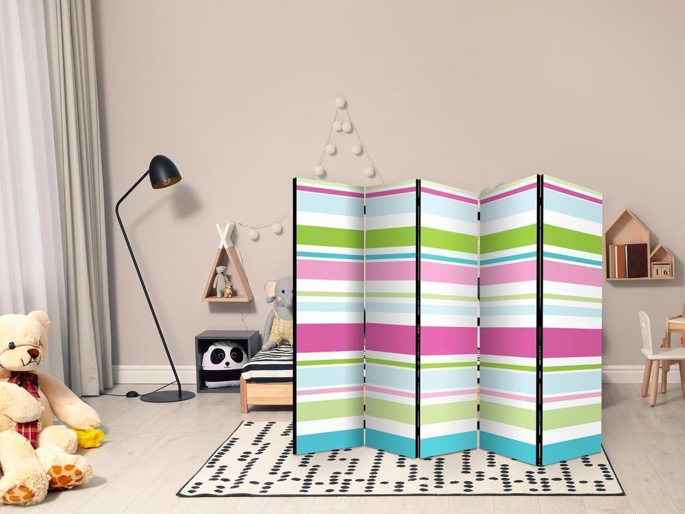 Room Divider - Bright stripes II- A 5 Panel Folding Screen For Living rooms, bedrooms or home office, decorative folding screen made with wood and canvas