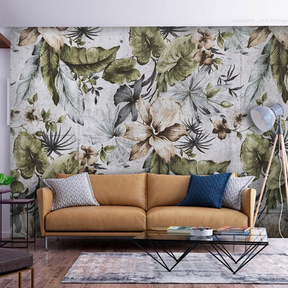 Wall Mural - Nature in retro style - jungle landscape with pale leaves and flowers-Wall Murals-ArtfulPrivacy