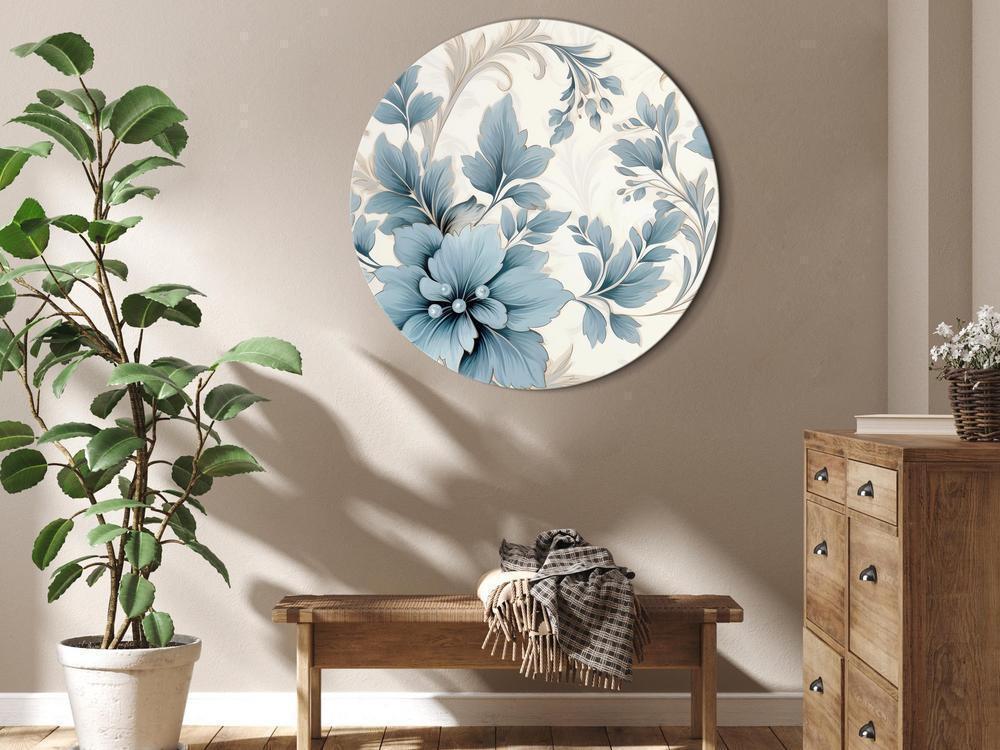 Round Canvas Print - Turquoise Flowers in Retro Ambience Floristic Ornaments