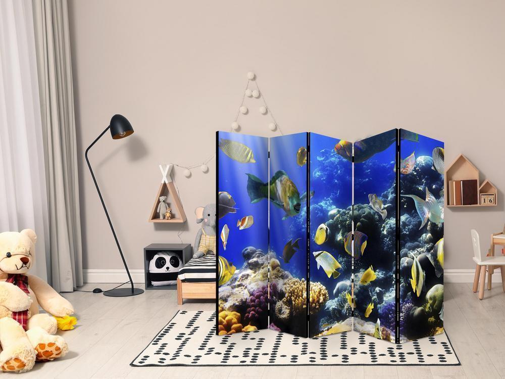 Room Divider - Underwater adventure II- A 5 Panel Folding Screen For Living rooms, bedrooms or home office, decorative folding screen made with wood and canvas