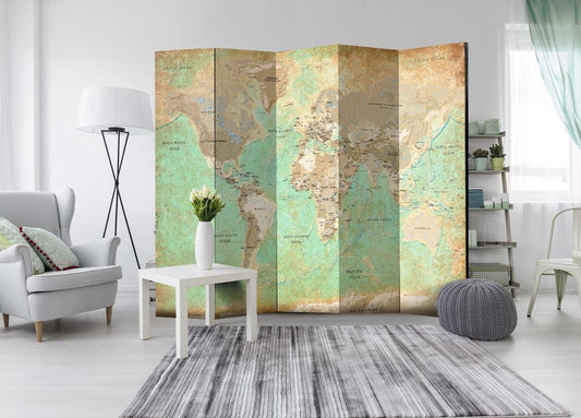 Decorative partition-Room Divider - Turquoise World Map-Folding Screen Wall Panel by ArtfulPrivacy