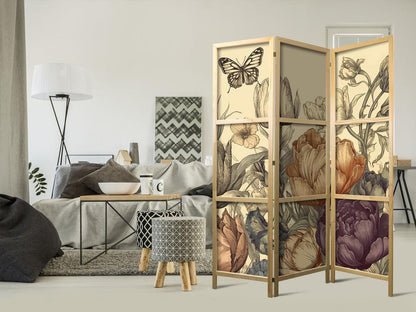 Japanese Room Divider - Tulips in Cream - Illustration of Flowers and Butterflies on a Light Background