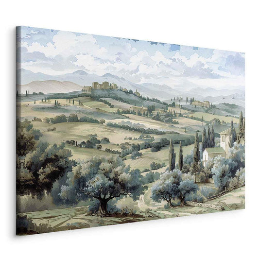 Impression sur toile - Paysage avec champs verts et arbres Vue ensoleillée de Toscane