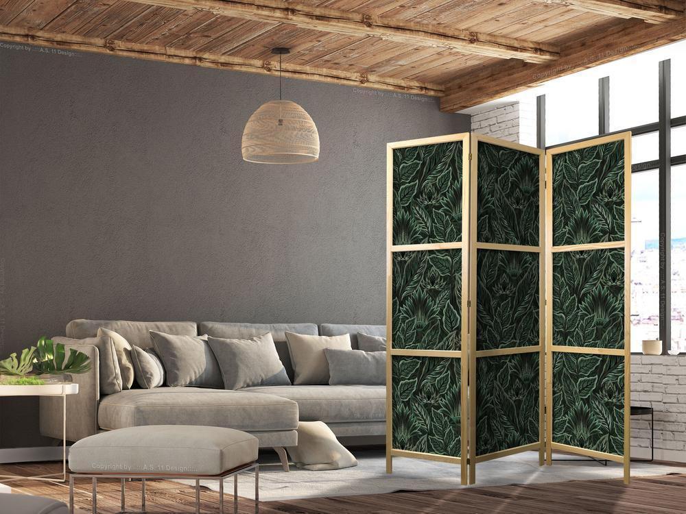 Japanese Room Divider - Dense Vegetation - Botanical Patterns in Illustrative Style Green