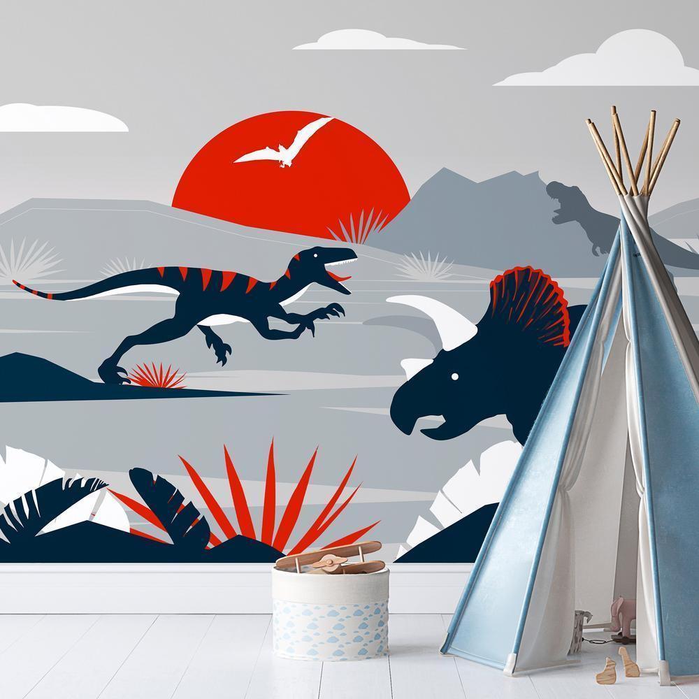Wall Mural - Last dinosaurs with red - abstract landscape for a room-Wall Murals-ArtfulPrivacy