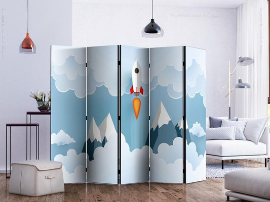 Decorative partition-Room Divider - Rocket in the Clouds II-Folding Screen Wall Panel by ArtfulPrivacy