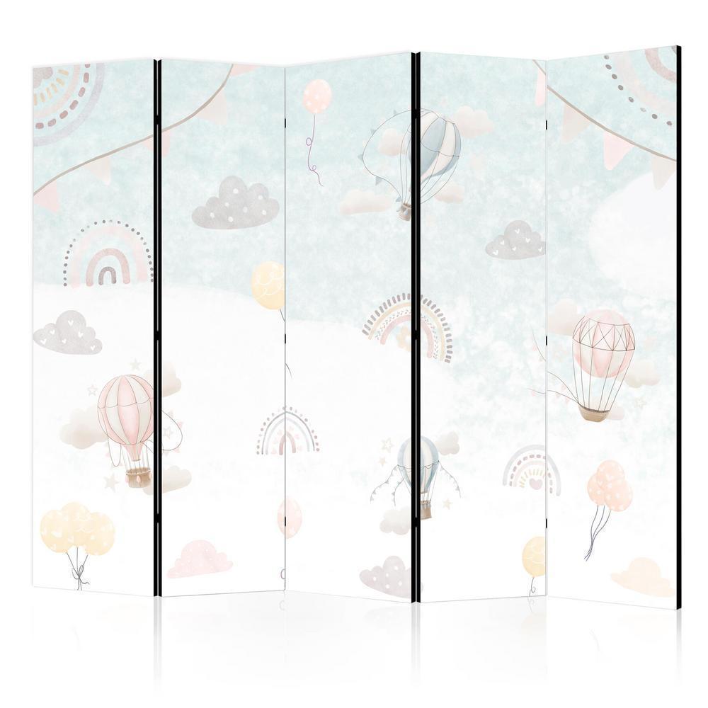 Room Divider - Balloons in the Sky - Balloons in Pastel Colors Flying Through a Cloudy Sky - Among Rainbows and Stars- A 5 Panel Folding Screen For Living rooms, bedrooms or home office, decorative folding screen made with wood and canvas