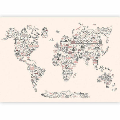 Papier peint - Carte avec des icônes - Représentation de dessin animé du monde dans des couleurs pastel