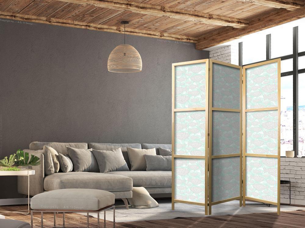 Japanese Room Divider - Minimalist Fish - Fish from Gray Dots on the Crystal Clear Water Surface in Mint Green