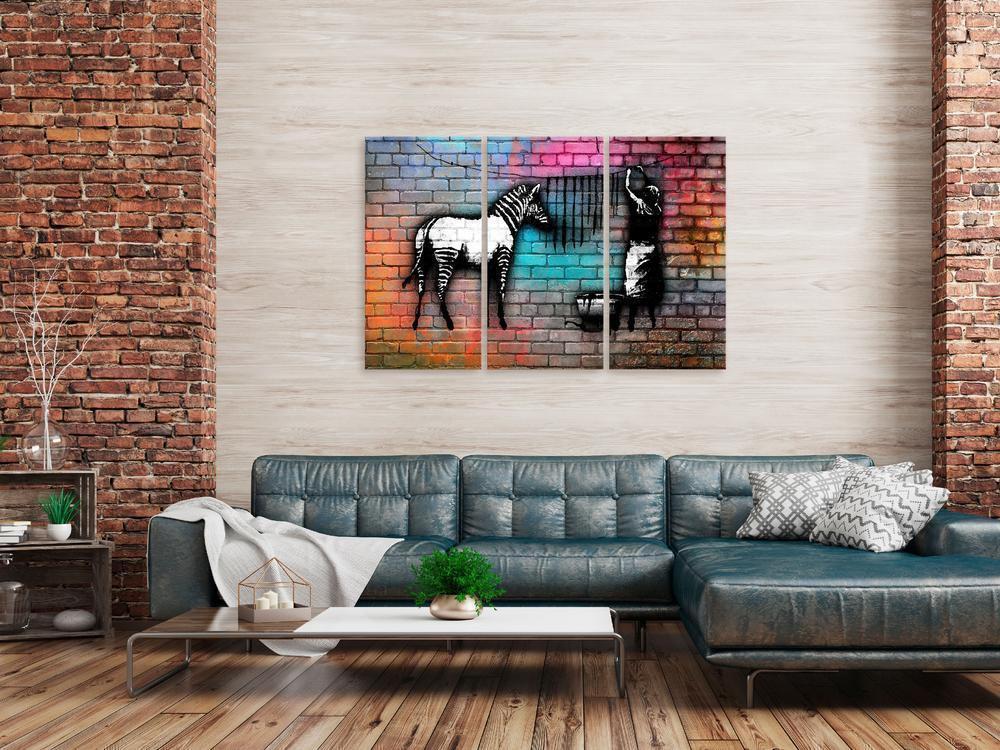 Canvas Print - Washing Zebra - Colourful Brick (3 Parts)-ArtfulPrivacy-Wall Art Collection