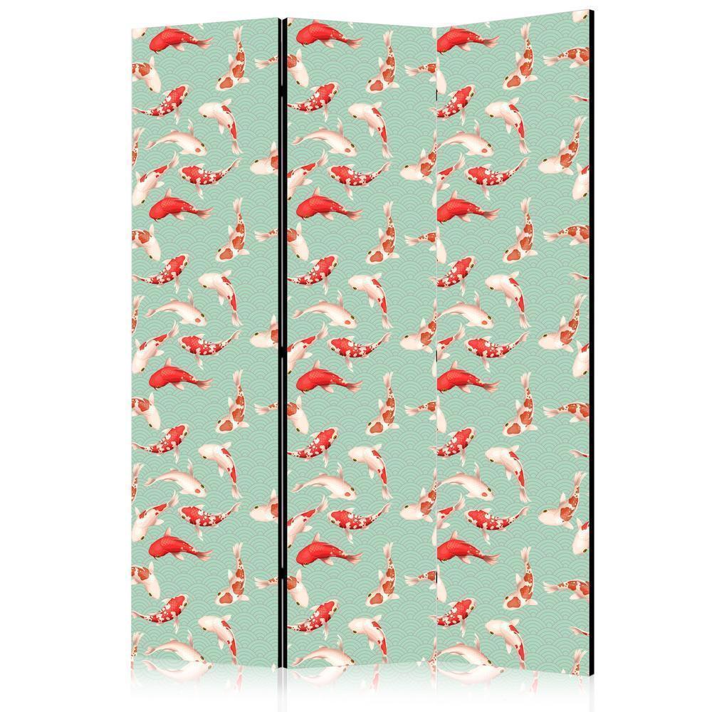 Cloison de séparation - Motifs poissons et japonais - Poissons Koi aux couleurs orange-crème sur fond vert-menthe avec un motif oriental