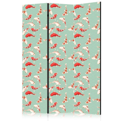 Cloison de séparation - Motifs poissons et japonais - Poissons Koi aux couleurs orange-crème sur fond vert-menthe avec un motif oriental