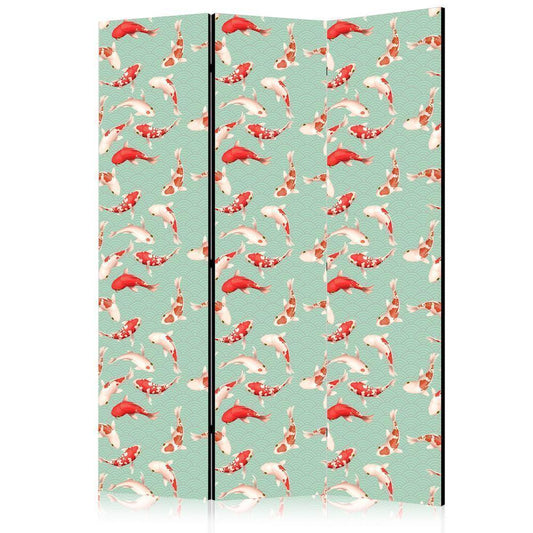 Room Divider - Fish and Japanese Pattern - Koi Fish in Orange-Cream Colors on a Green-Mint Background with an Oriental Pattern