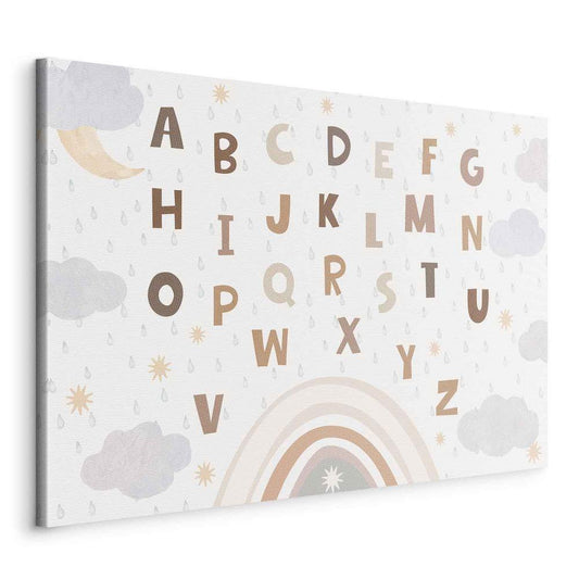 Canvas Print - Letters Above the Rainbow - Letters Among Streams of Rain and Clouds with a Rainbow Moon and Stars on a Light Background